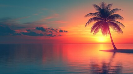 Serene Sunset Paradise: Palm Tree Silhouette at Golden Hour