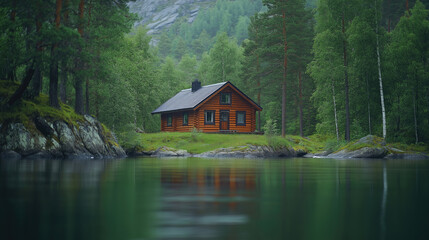 Fototapeta premium Rustic cabin in serene forest by a tranquil lake with lush greenery and pine trees