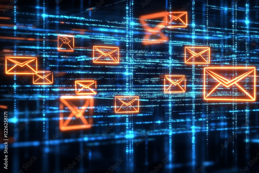 Poster Digital Neon Email Envelopes Floating in a Network with Vibrant Orange Hue : Generative AI