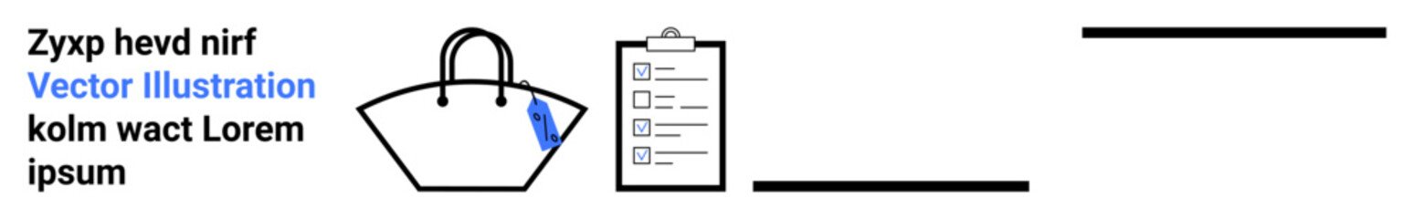 Handbag with a tag and clipboard checklist for tasks, text space. Ideal for shopping, organization, inventory, productivity, planning, retail, flat landing page banner