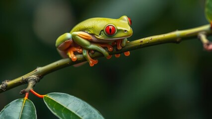 Naklejka premium Green branch with red eyed tree frog perched on it, tree frog, natural world, animal kingdom