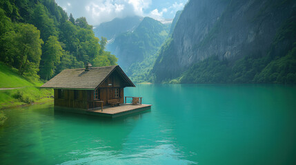 Fototapeta premium Secluded wooden cabin on tranquil lake amidst lush green mountains