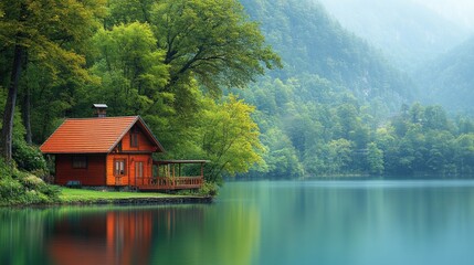 Obraz premium Cozy red cabin by serene lake in lush forest landscape