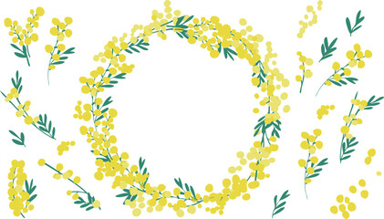 Obraz premium ミモザのベクターイラスト。春のミモザ装飾背景。黄色いミモザの植物背景フレーム。Mimosa vector illustration. Spring mimosa decoration background. Yellow mimosa plant background frame.