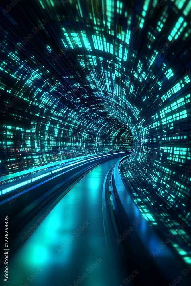Poster Bright Digital Tunnel with Blurring Light Trails for HighTech Concepts : Generative AI