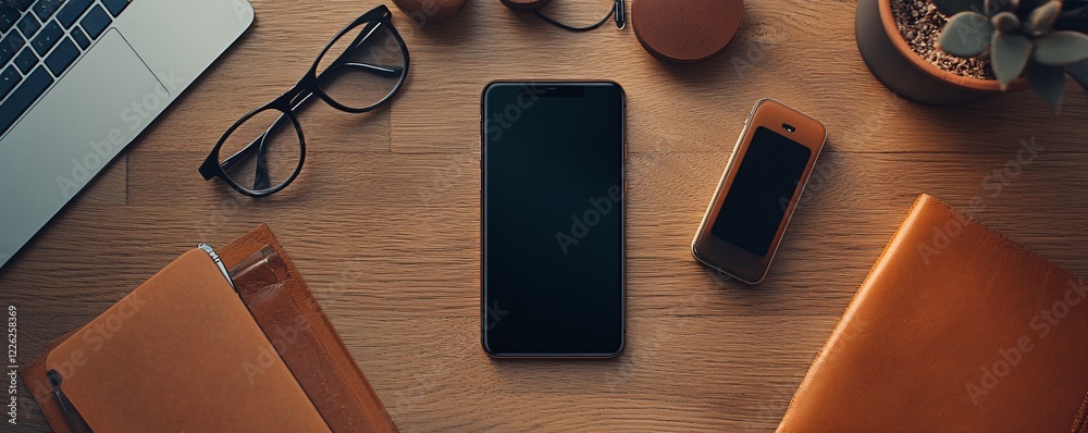 Leinwandbilder Capture your app or website design in a workspace with a smartphone resting on a wooden surface