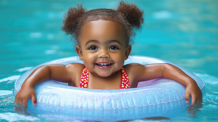 Smiling african child enjoying swimming in pool with float
