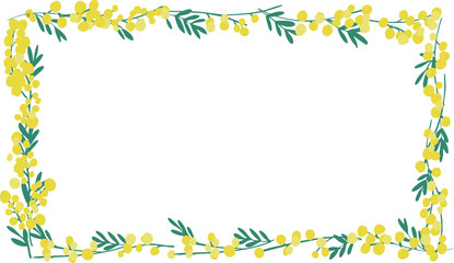 ミモザのベクターイラスト。春のミモザ装飾背景。黄色いミモザの植物背景フレーム。Mimosa vector illustration. Spring mimosa decoration background. Yellow mimosa plant background frame.