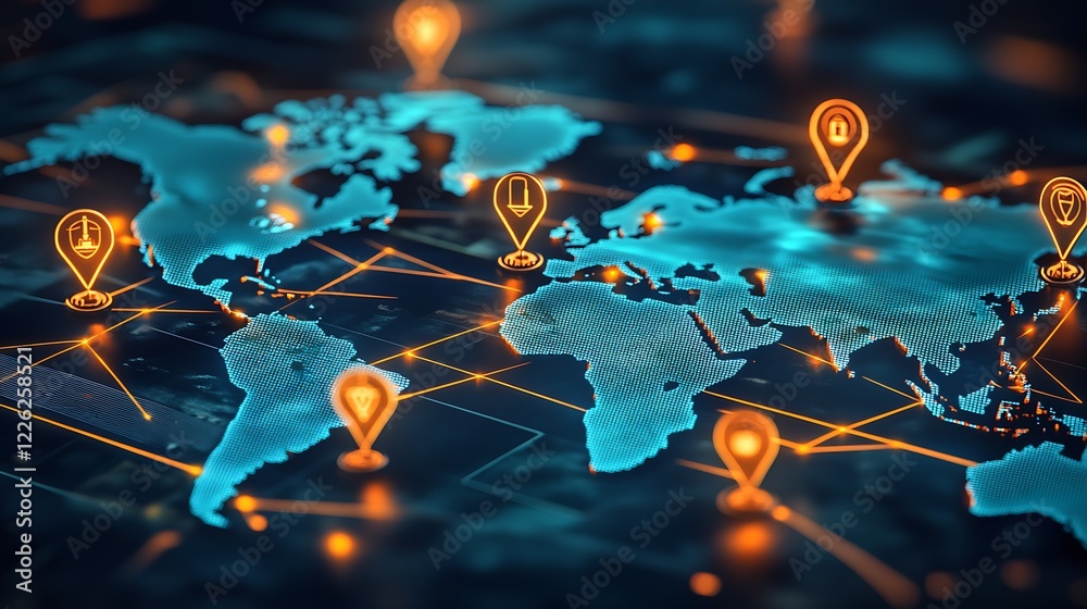 Poster Futuristic Global Map with Technology Icons for Connectivity and Secure Networks : Generative AI