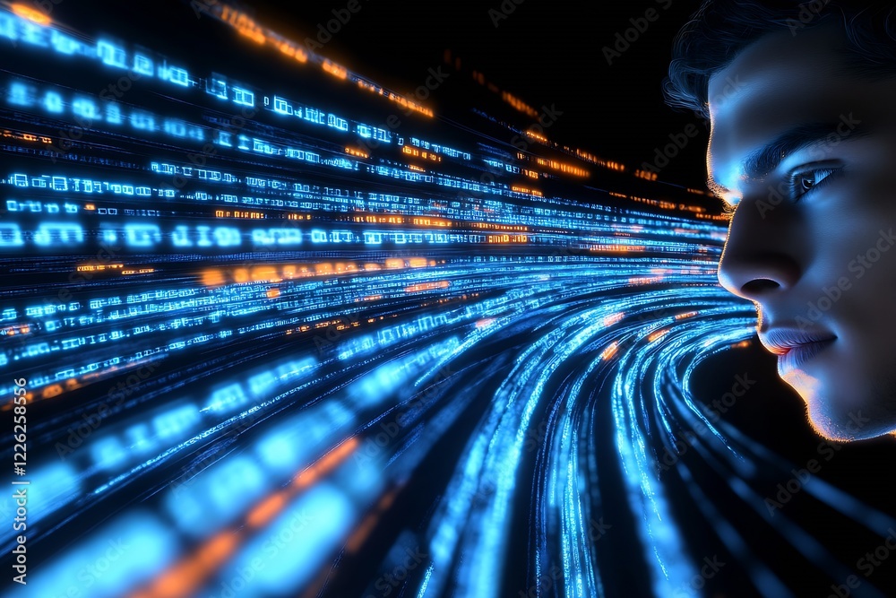 Poster Futuristic Digital Abstract Close-Up of Binary Code and Human Face : Generative AI