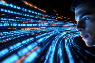 Futuristic Digital Abstract Close-Up of Binary Code and Human Face : Generative AI