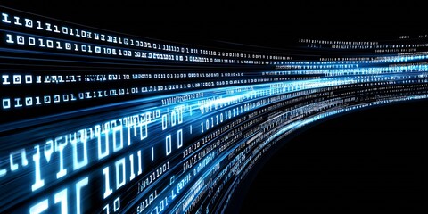 Dynamic blue binary code on a black background symbolizing data flow and digital technology : Generative AI