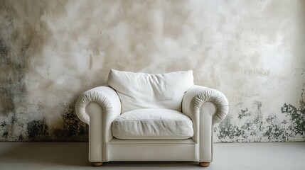 A Comfy White Armchair Sits Against A Textured, Aged Wall. The Contrast Between The Clean Lines Of The Chair And The Rough Wall Creates A Visually Interesting Scene.