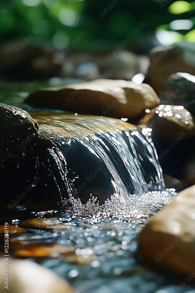 Poster Idyllic Rocky Stream Waterfall with Sunlit Sparkles in Forest Setting : Generative AI