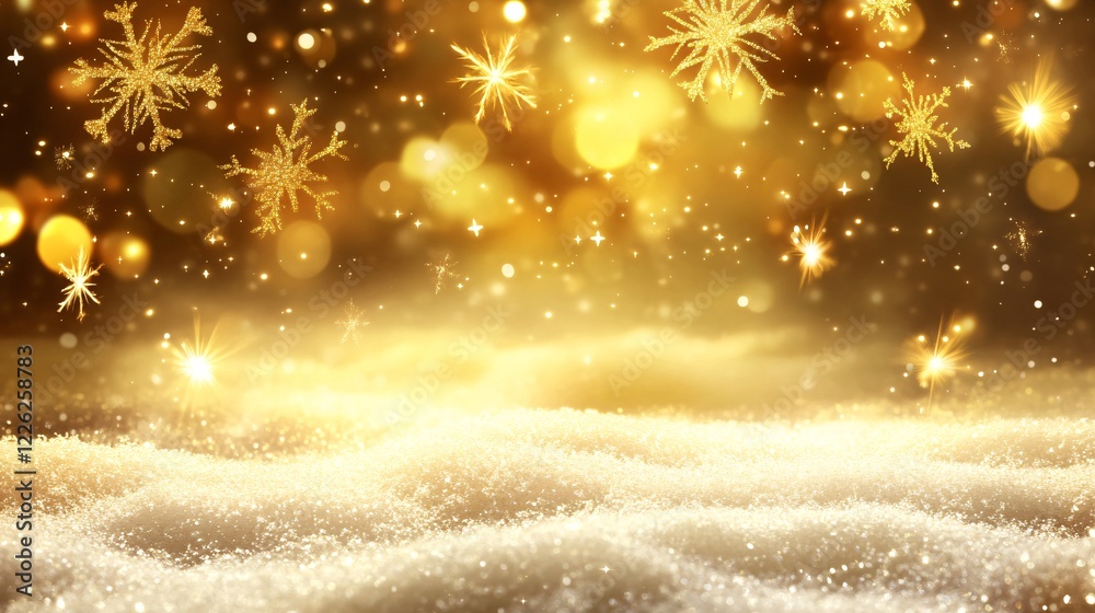 Poster christmas background with golden bokeh lights and snowflakes falling on snowy ground