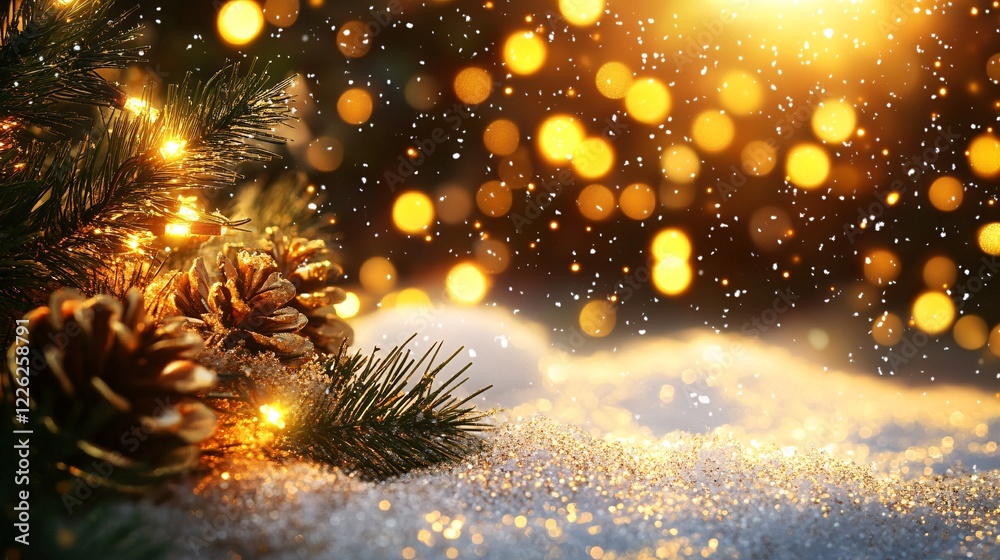 Aufkleber Christmas tree branch with golden pine cones lying on snow with sparkling lights and falling snow in the background