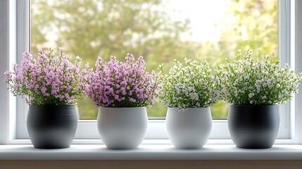 Minimalist four potted flower display on windowsill with white and pink floral accents : Generative AI