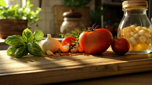 Fresh vegetables and herbs like tomatoes, garlic, and basil on wooden table in sunlight create vibrant kitchen scene filled with fresh flavors.