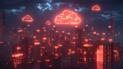 Obraz premium Futuristic cyber cityscape with glowing red digital clouds at night