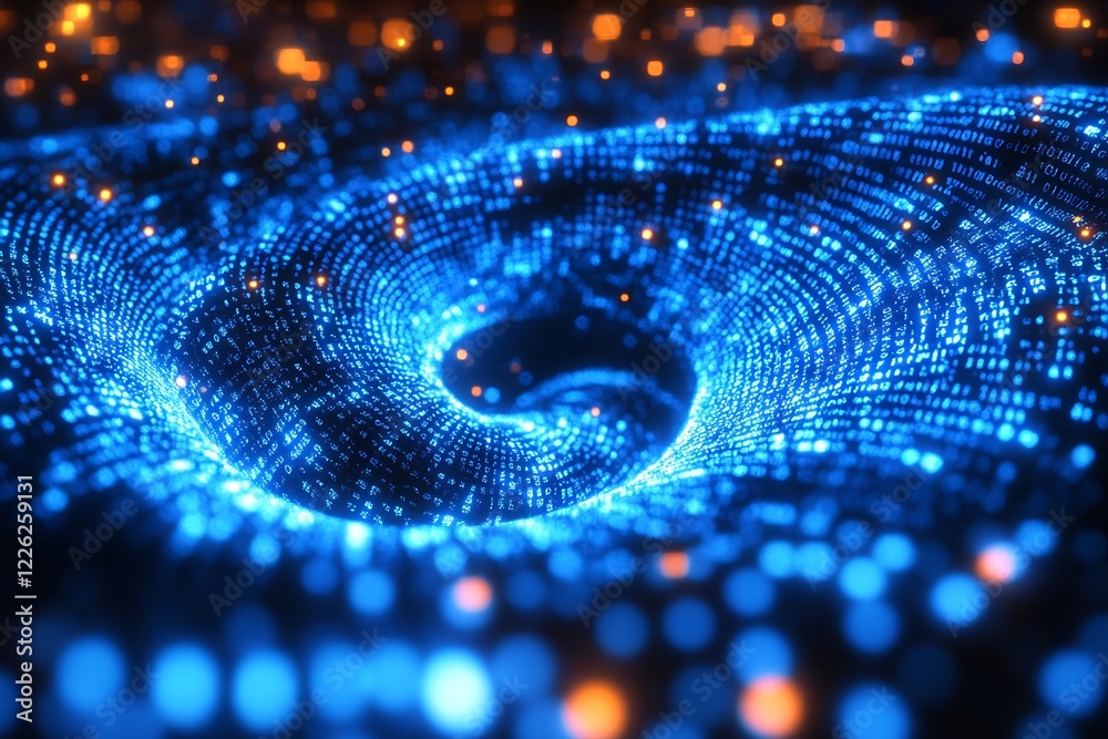 Fototapete Digital Swirl with Blue and Orange Lights and Binary Code Patterns : Generative AI