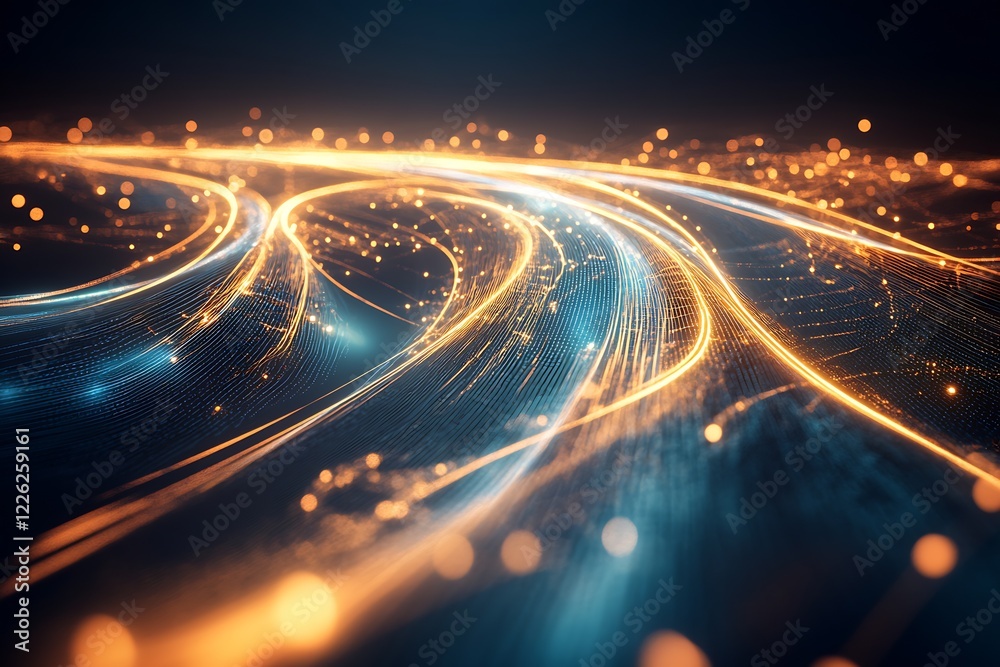 Poster Abstract Digital Waves of Glowing Lights in Motion in Dark Futuristic Background : Generative AI