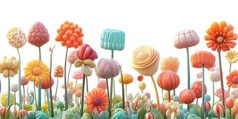 Colorful Candy-Like Flowers in a Whimsical Garden Against a White Background