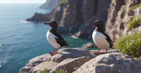 Fototapeta premium Guillemot bird resting on rocky ledge of coastal cliffs during spring migration , bird, cliffs