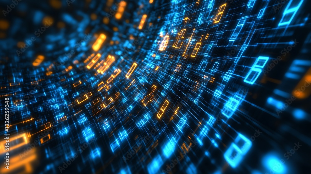 Aufkleber Futuristic digital matrix tunnel glowing with blue and orange neon binary code patterns : Generative AI