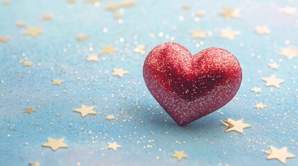 Obraz premium A glittery red heart on a blue background, surrounded by golden stars and sparkles.