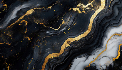 Black and gold abstract marble texture with swirling patterns, featuring prominent gold veins and speckles against a dark background, Generative AI