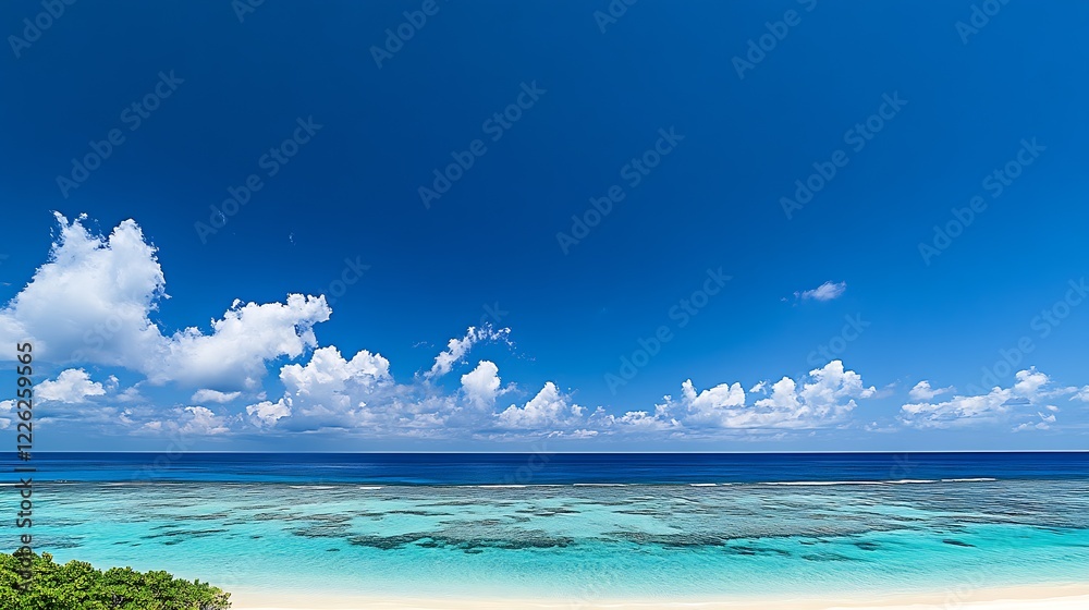 Poster unspoiled ocean view with blue skies and white clouds ideal for relaxing and travel : generative ai