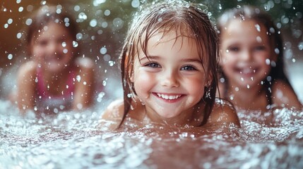 Obraz premium Joyful caucasian children playing in water with splashing smiles