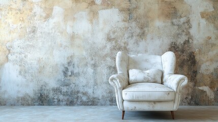A Worn, White Armchair Sits Against A Textured, Aged Wall. The Scene Evokes A Sense Of Quiet Solitude And Vintage Charm.