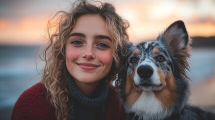 Young caucasian woman with curly hair smiling alongside australian shepherd at sunset beach
