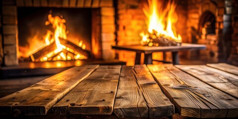 Rustic Fireplace Tabletop Photography: Cozy Winter Scene, Burning Fire, Wooden Table, Blank Space, Product Display, Still Life, Warm Light