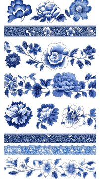 Blue and White Floral Design Elements Chinoiserie Pattern Collection for Textile, Wallpaper, and Fabric