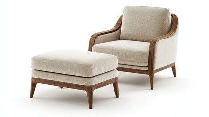 Fototapeta premium Modern Upholstered Armchair with Ottoman - Beige Fabric and Walnut Wood
