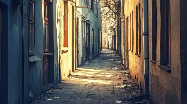 Narrow Urban Alleyway with Warm Sunlight and Shadows in City