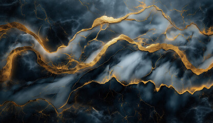A dark marble texture featuring swirling patterns of deep gray and black, interspersed with vibrant gold veins that create a striking contrast. Generative AI