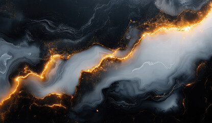 Abstract design featuring swirling marble of black, white, and gray with glowing golden lines interspersed throughout, creating a dynamic and fluid appearance. Generative AI