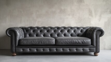 A Dark Leather Chesterfield Sofa Sits Against A Textured Wall. The Image Is Moody And Stylish.