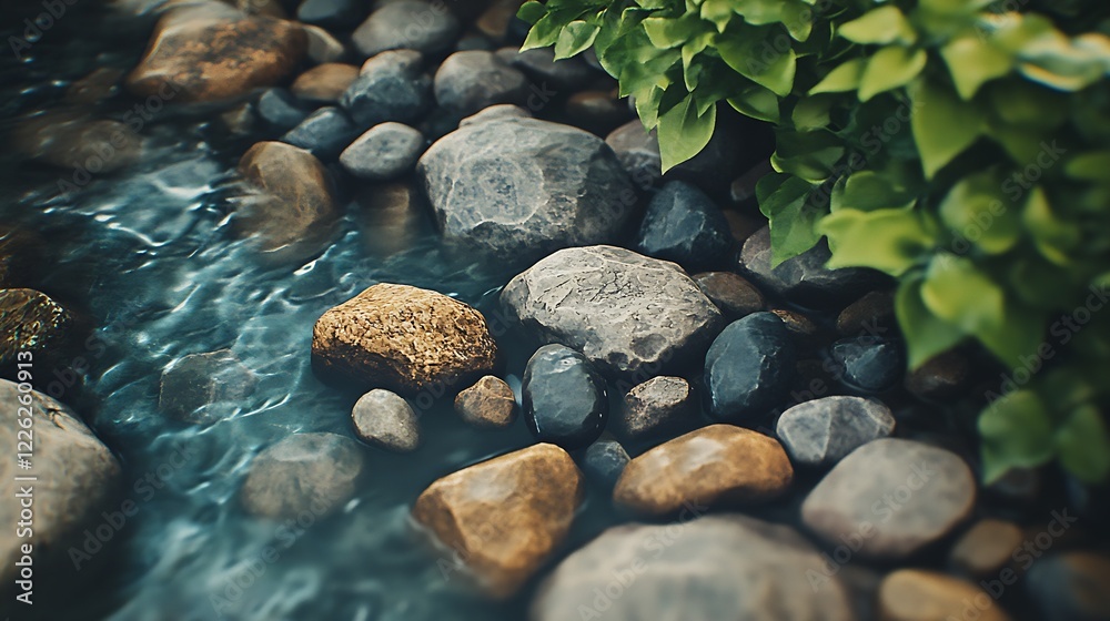 Poster idyllic creek with pebbles and lush greenery for natural serenity : generative ai