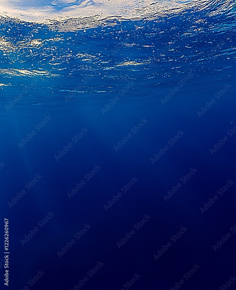 Poster Tranquil Underwater Scene with Deep Blue Ocean Surface and Sunlit Waves : Generative AI
