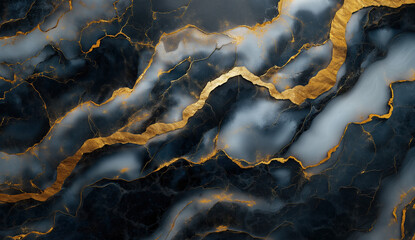 A dark marble texture featuring swirling patterns of deep gray and black, interspersed with vibrant gold veins that create a striking contrast. Generative AI