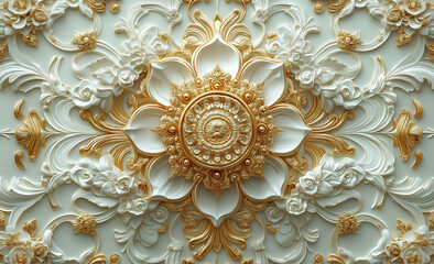Intricate floral design featuring a central circular motif surrounded by layered petals and ornamental details in gold and white. Generative AI
