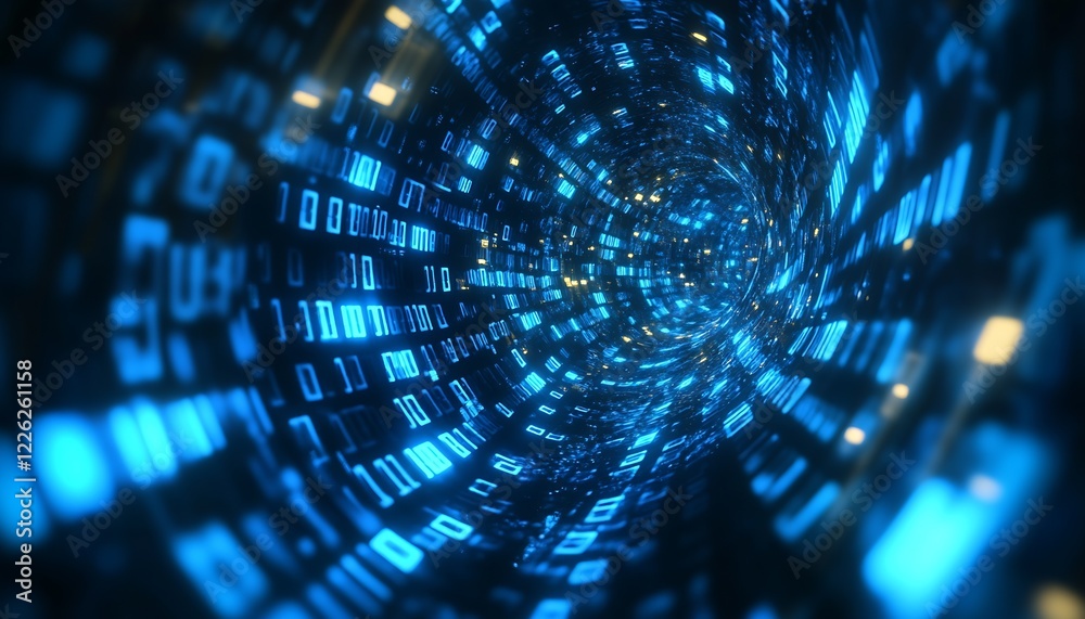 Poster Dynamic cascading digital binary code in blue abstract technology background : Generative AI