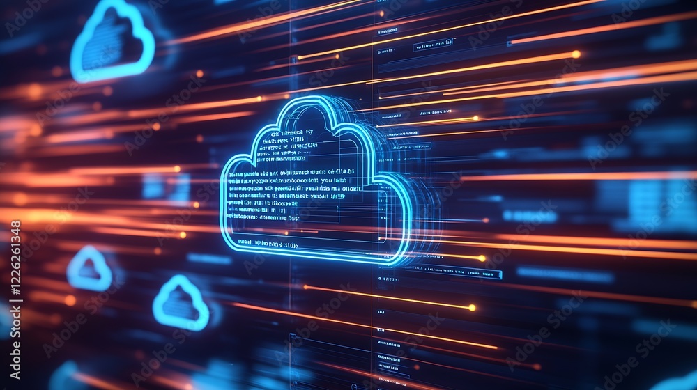 Poster Digital cloud computing futuristic concept with glowing data streams in abstract blue background : Generative AI