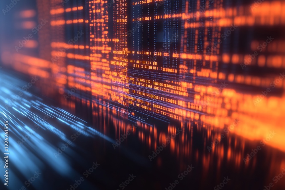 Aufkleber Digital data flow in a futuristic setting with blue and orange cyber aesthetics : Generative AI