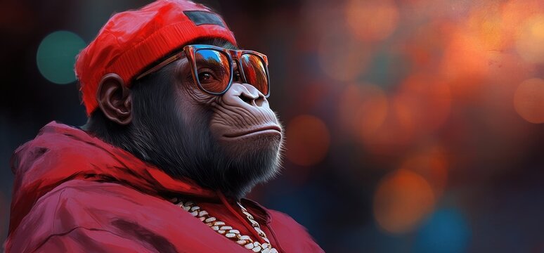 Cool chimp in red hoodie, city bokeh, profile view