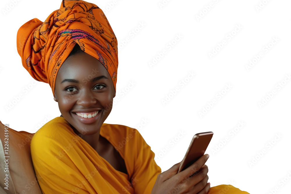 Sticker PNG African turban using smartphone portrait smiling adult.